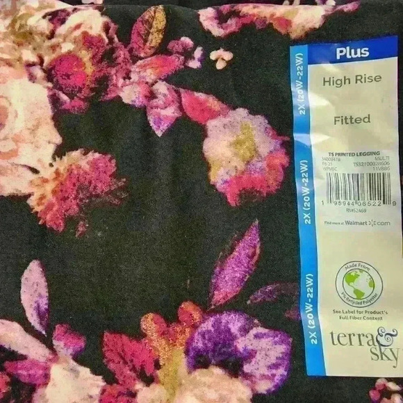 Terra & Sky Womens Plus Fitted Leggings Size 2X High Rise Berry Floral Print - Picture 5 of 10